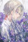  1girl absurdres blonde_hair blue_eyes braid collared_shirt flower from_side hand_up highres huge_filesize mechanical_arms parted_lips profile prosthesis prosthetic_arm purple_flower rsef shirt solo upper_body violet_(flower) violet_evergarden violet_evergarden_(series) white_shirt wing_collar 