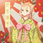  1girl :o animal_ears bangs blonde_hair briar_rose_(sinoalice) cat_ears chinese_new_year floral_background flower green_kimono hair_between_eyes hair_ornament highres japanese_clothes kimono long_sleeves looking_at_viewer new_year open_mouth petals red_flower rico_tta short_hair sinoalice solo yellow_eyes 