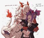  2girls angry arknights closed_eyes commentary demon_girl demon_horns dl embarrassed english_commentary english_text fiery_tail horns hug infection_monitor_(arknights) lava_(arknights) multiple_girls nian_(arknights) pointy_ears purple_hair short_ponytail spiked_hair tail tail_wagging white_hair yuri 