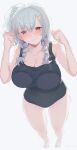  1girl bangs blush braid breasts cleavage clenched_teeth eyebrows_visible_through_hair foreshortening full-face_blush grey_hair hair_ornament hairclip highres large_breasts long_hair looking_at_viewer original red_eyes school_swimsuit solo swimsuit tadano_comina teeth twin_braids white_background 