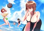  4girls akaboshi_koume arm_up ball bangs beachball bikini black_bikini black_sarong black_swimsuit blue_sky blurry blurry_background breasts brown_eyes brown_hair closed_eyes closed_mouth cloud cloudy_sky commentary day dutch_angle emblem eyebrows_visible_through_hair frilled_bikini frills girls_und_panzer green_bikini half-closed_eyes halterneck hand_in_hair highres innertube itsumi_erika kuromorimine_(emblem) large_breasts leaning_back leaning_forward leg_up looking_at_viewer mismatched_bikini multiple_girls nishizumi_maho nishizumi_miho ocean one-piece_swimsuit open_mouth outdoors playing sarong short_hair siblings sisters sky smile sparkle standing standing_on_one_leg strapless strapless_bikini swimsuit tatami_san_tatami water waves wet yellow_bikini 