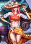  1girl armband ashe_(overwatch) ass_visible_through_thighs belt bikini blurry blurry_background bracelet breasts cowboy_shot detached_collar earrings flower hand_on_hip hat hat_flower highres hoop_earrings jewelry large_breasts liang_xing long_hair looking_at_viewer mole mole_above_mouth navel official_alternate_costume overwatch pink_hair poolside_ashe red_eyes rimless_eyewear sarong signature solo straw_hat sun_hat sunglasses swimsuit tinted_eyewear underboob watermark web_address 