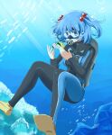  1girl air_bubble blue_eyes blue_hair breasts bubble commission coral_reef diving_mask diving_regulator fish flippers goggles hair_bobbles hair_ornament highres kawashiro_nitori light_rays rise_(rise19851203) school_of_fish scuba scuba_gear scuba_tank skeb_commission solo sunbeam sunlight touhou tropical_fish two_side_up underwater underwear wetsuit 
