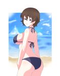  1girl absurdres akaboshi_koume ass back beach bikini black_bikini blue_eyes blue_sky blurry blurry_background breasts brown_hair cloud cloudy_sky commentary cowboy_shot day from_behind girls_und_panzer halterneck highres horizon iteza_(flapper_girl_25) looking_at_viewer looking_back medium_breasts ocean outdoors outside_border parted_lips short_hair sideboob sky smile solo standing swimsuit wavy_hair 