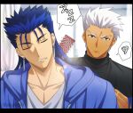  2boys akujiki59 archer_(fate) artist_name black_shirt blue_jacket blurry brush brushing closed_eyes closed_mouth collarbone commentary_request cu_chulainn_(fate) cu_chulainn_(fate/stay_night) earrings fate_(series) grey_shirt holding hood hooded_jacket jacket jewelry lens_flare male_focus mouth_drool multiple_boys official_style parted_lips shirt sleeping spiked_hair spoken_squiggle spoken_zzz squiggle sweatdrop upper_body watermark white_hair zzz 
