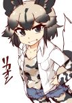  1girl 370ml african_wild_dog_(kemono_friends) african_wild_dog_print animal_ears arm_at_side bangs black_eyes black_hair collared_shirt cowboy_shot cutoffs dog_ears dog_girl dog_tail dutch_angle eyebrows_visible_through_hair grey_hair grin hand_on_hip highres kemono_friends layered_sleeves long_sleeves medium_hair multicolored_hair open_clothes open_shirt pantyhose print_legwear print_shirt shirt short_over_long_sleeves short_shorts short_sleeves shorts smile solo tail two-tone_hair undershirt v-shaped_eyebrows wing_collar 