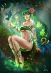  1girl artist_name barefoot bird blue_flower breasts bug butterfly choplum dryad flower full_body green_hair green_nails hair_flower hair_ornament highres insect large_breasts long_hair monster_girl nail_polish outdoors pink_flower pointy_ears realistic sitting terraria yellow_butterfly 