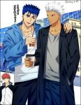  3boys akujiki59 archer_(fate) bangs black_coat black_pants blue_hair blue_jacket blue_pants closed_mouth coat collarbone commentary_request cu_chulainn_(fate) cu_chulainn_(fate/stay_night) cup disposable_cup earrings fate_(series) fingernails grey_shirt hand_in_pocket hand_on_another&#039;s_shoulder holding hood hood_down hooded_jacket jacket jewelry male_focus multiple_boys official_style open_clothes open_jacket open_mouth pants red_eyes red_hair shirt spiked_hair tongue upper_teeth white_hair white_shirt zipper_pull_tab 