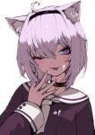  1girl ahoge animal_ear_fluff animal_ears blush brown_choker choker closed_mouth eyebrows_visible_through_hair eyelashes fingernails hair_between_eyes hairband highres hololive licking licking_finger light_purple_hair necktie nekomata_okayu not_nodu one_eye_closed purple_eyes purple_hair purple_hairband simple_background sleeves_past_fingers sleeves_past_wrists solo tongue tongue_out upper_body virtual_youtuber white_background white_neckwear 