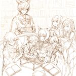  3boys 4girls absurdres ahoge alisaie_leveilleur alphinaud_leveilleur animal_ears bare_shoulders blanket book book_stack book_stand bookshelf bow braid breasts cat_ears choker cleavage cleavage_cutout closed_eyes closed_mouth clothing_cutout collarbone couch drooling earrings elbow_gloves eyebrows_visible_through_hair eyes_visible_through_hair facial_mark feather_earrings feathers final_fantasy final_fantasy_xiv fingerless_gloves food fur_trim g&#039;raha_tia gaia_(ff14) glasses gloves greyscale hair_between_eyes hair_bow hair_over_one_eye hand_on_own_cheek hand_on_own_face hatching_(texture) head_rest highres hjz_(artemi) holding holding_plate holding_tray hyur indoors jewelry leaning_on_person long_hair long_sleeves looking_at_another medium_hair miqo&#039;te monochrome multiple_boys multiple_girls one_eye_closed open_book open_mouth pinky_ring plate pointy_ears puffy_sleeves ring ryne saliva sandwich scarf sitting sketch sleeping sleeping_on_person sleeves_past_wrists smile sweat table tray unfinished whisker_markings wide_sleeves y&#039;shtola_rhul 