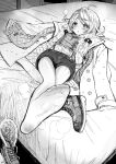  1girl ahoge boots_removed coat commentary_request feet foot_focus greyscale highres idolmaster idolmaster_cinderella_girls long_hair long_sleeves lying monochrome on_back on_bed pantyhose perspective scarf shorts soles solo steam twintails xyh yusa_kozue 