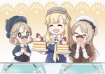  3girls alternate_costume ane_hoshimaru blonde_hair blue_eyes blue_shirt closed_eyes commission double_bun facial_hair fake_facial_hair fake_mustache fletcher_(kancolle) food fork hair_ornament holding holding_plate janus_(kancolle) jervis_(kancolle) kantai_collection knife long_hair long_sleeves multiple_girls mustache neckerchief off_shoulder pancake plate sailor_collar school_uniform serafuku shirt skeb_commission star_(symbol) star_hair_ornament white_sailor_collar yellow_neckwear 