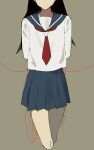  1girl arms_behind_back bare_legs beige_background black_hair blouse blue_sailor_collar blue_skirt clays closed_mouth commentary cropped_legs english_commentary facing_viewer feet_out_of_frame flat_chest head_out_of_frame kitsu_chiri legs_together long_hair long_sleeves necktie no_nose pleated_skirt red_neckwear sailor_collar sayonara_zetsubou_sensei school_uniform simple_background skirt smile solo straight_hair string string_around_neck string_of_fate white_blouse 