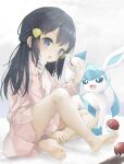  1girl :d absurdres bangs barefoot black_hair blue_eyes commentary_request dawn_(pokemon) eyebrows_visible_through_hair feet full_body gen_4_pokemon glaceon hair_ornament hairclip hand_up highres long_hair looking_at_viewer open_mouth panties pink_shirt pink_skirt pleated_skirt poke_ball poke_ball_(basic) pokemon pokemon_(creature) pokemon_(game) pokemon_dppt premier_ball scarf shirt sitting skirt smile soles underwear utatanecocoa white_panties white_scarf 
