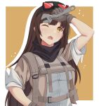  1girl act_(xadachit) breasts brown_hair girls&#039;_frontline girls&#039;_frontline_2:_exilium goggles goggles_on_head highres long_hair mayling_shen_(girls&#039;_frontline_2) medium_breasts scarf short_sleeves simple_background sweat wrench 