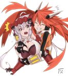  2girls absurdres amou_kanade breast_grab breasts eyebrows_visible_through_hair grabbing groping hair_between_eyes haishima_xv highres hug large_breasts long_hair multiple_girls open_mouth purple_eyes senki_zesshou_symphogear short_hair simple_background smile teeth white_background white_hair yukine_chris 