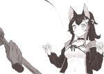  1girl animal_ear_fluff animal_ears bangs bikini blush bra bra_pull choker clothes_pull collarbone disembodied_limb fishing_line fishing_rod front-tie_top hair_between_eyes hair_ornament hairclip hololive hood hoodie long_hair midriff mochiyuki_(gigfor1) monochrome multicolored_hair ookami_mio open_mouth ponytail sidelocks swimsuit underwear virtual_youtuber white_background wolf_ears wolf_girl 