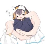  1girl bangs black_hoodie blonde_hair blue_eyes brown_hair cheek_poking chibi finana_ryugu fingers fish_hair_ornament hair_ornament happy hood hoodie meemo minigirl multicolored_hair nijisanji nijisanji_en open_mouth petra_gurin poking sailor_collar short_hair sleeping sleeves_past_fingers sleeves_past_wrists smile solo streaked_hair two-tone_hoodie virtual_youtuber white_hoodie zzz 