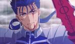  1boy akujiki59 artist_name bangs blood blood_on_face blue_hair blurry closed_mouth cloud cloudy_sky commentary_request cu_chulainn_(fate) cu_chulainn_(fate/stay_night) fate_(series) floating_hair hair_tubes long_hair looking_at_viewer male_focus official_style outdoors ponytail rain red_eyes shoulder_plates sky smile solo upper_body watermark weapon 