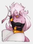  1girl android_21 bandeau bare_shoulders breasts choker cleavage collarbone colored_skin dragon_ball dragon_ball_fighterz earrings grey_background hair_between_eyes hoop_earrings jewelry kemachiku long_hair looking_at_viewer majin_android_21 medium_breasts pink_hair pink_skin pointy_ears red_eyes simple_background solo strapless tail tubetop yellow_choker 
