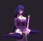  1girl bangs black_background breasts bridal_gauntlets cleavage closed_mouth commentary english_commentary genshin_impact highres holding holding_sword holding_weapon japanese_clothes kimono large_breasts long_hair looking_at_viewer mitsudomoe_(shape) mole mole_under_eye obi obiage obijime purple_eyes purple_hair raiden_(genshin_impact) sash simple_background sitting solo sword taiko_bo tomoe_(symbol) weapon 