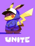  :3 baseball_cap chromatic_aberration closed_mouth clothed_pokemon commentary_request copyright_name electricity full_body gen_1_pokemon hat hatted_pokemon highres hood hood_up hooded_jacket jacket looking_at_viewer no_humans pikachu poke_ball_symbol pokemon pokemon_(creature) pokemon_(game) pokemon_unite purple_background purple_jacket rend simple_background smile solo standing 