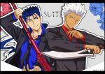  2boys akujiki59 archer_(fate) artist_name bangs black_jacket black_neckwear blue_hair blue_shirt buttons collared_shirt commentary_request cu_chulainn_(fate) cu_chulainn_(fate/stay_night) dark-skinned_male dark_skin fate_(series) formal holding holding_weapon jacket long_sleeves male_focus multiple_boys necktie official_style one_eye_closed open_clothes open_jacket outline red_eyes red_shirt shirt short_hair smile spiked_hair suit upper_body weapon 
