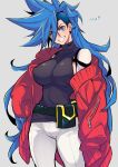  ! !! 1girl belt blue_eyes blue_hair breasts commentary_request cowboy_shot eyebrows_visible_through_hair eyes_visible_through_hair galo_thymos genderswap genderswap_(mtf) grey_background highres large_breasts long_hair looking_at_viewer pants parted_lips pouch promare simple_background solo spiked_hair standing takatsuki_ichi teeth translation_request very_long_hair 