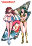  1980s_(style) 1boy 2girls absurdres bikini breasts character_name copyright_name crossed_arms green_eyes green_hair hands_on_hips high_heels highres horns kneehighs long_hair looking_at_another lum medium_breasts moroboshi_ataru multiple_girls navel official_art oni oni_horns open_clothes pointy_ears ran_(urusei_yatsura) red_eyes red_hair retro_artstyle scan standing strapless strapless_bikini swimsuit takahashi_rumiko tiger_stripes urusei_yatsura white_footwear 