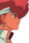 1980s_(style) 1girl close-up dark-skinned_female dark_skin dirty_pair earrings headband jewelry kei_(dirty_pair) official_art portrait profile red_eyes red_hair retro_artstyle scan short_hair simple_background solo white_background 