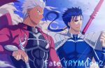  2boys akujiki59 archer_(fate) blue_hair blurry closed_mouth cloud commentary_request copyright_name covered_abs cu_chulainn_(fate) cu_chulainn_(fate/stay_night) dark-skinned_male dark_skin day fate_(series) floating_hair hair_tubes hand_up holding long_hair male_focus multiple_boys outdoors parted_lips ponytail red_eyes shoulder_plates sky smile smoke spiked_hair white_hair 
