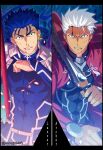 2boys akujiki59 archer_(fate) artist_name bangs blood blood_on_face blue_hair brown_eyes cape clenched_teeth commentary_request covered_abs cu_chulainn_(fate) cu_chulainn_(fate/stay_night) earrings fate_(series) fingernails floating_hair hair_tubes hand_up holding jewelry long_hair long_sleeves looking_at_viewer male_focus multiple_boys official_style ponytail red_cape shoulder_plates spiked_hair teeth weapon white_hair 
