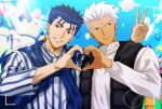  2boys akujiki59 alternate_costume amusement_park archer_(fate) baggy_clothes balloon blue_hair blue_scarf brown_eyes camera castle collared_shirt couple cu_chulainn_(fate) cu_chulainn_(fate/stay_night) dark-skinned_male dark_skin earrings fate/stay_night fate_(series) heart heart_hands heart_hands_duo hood hood_down hoodie interracial jewelry long_hair long_sleeves looking_at_viewer looking_to_the_side male_focus multiple_boys ponytail red_eyes scarf shirt sleeveless sleeveless_hoodie smile spiked_hair sweater upper_body white_hair white_sweater yaoi 