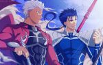  2boys akujiki59 archer_(fate) blue_hair blurry closed_mouth cloud commentary_request covered_abs cu_chulainn_(fate) cu_chulainn_(fate/stay_night) dark-skinned_male dark_skin day fate_(series) floating_hair hair_tubes hand_up holding long_hair male_focus multiple_boys outdoors parted_lips ponytail red_eyes shoulder_plates sky smile smoke spiked_hair white_hair 