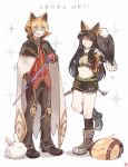  &gt;_&lt; 1boy 1girl :3 :d animal_ear_headphones animal_on_arm backpack bag bangs bird bird_on_arm blonde_hair blue_eyes bow_(weapon) brown_capelet brown_footwear brown_gloves brown_hair brown_legwear brown_pants brown_shirt brown_skirt bunny cape capelet closed_eyes commentary crop_top drops_(ragnarok_online) eagle elbow_gloves english_commentary fingerless_gloves full_body gameplay_mechanics gloves grin hair_between_eyes headphones highres holding holding_bow_(weapon) holding_staff holding_weapon hunter_(ragnarok_online) jacket kneehighs kuro_sakura level_up long_hair lunatic_(ragnarok_online) mage_staff midriff miniskirt navel open_mouth pants ragnarok_online red_shirt shirt shoes short_hair short_shorts shorts shorts_under_skirt skirt slime_(creature) smile sparkle staff weapon white_cape white_jacket wizard_(ragnarok_online) 