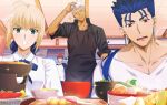  !? 1girl 3boys ahoge akujiki59 apron archer_(fate) artoria_pendragon_(fate) bangs blonde_hair blue_hair blush bowl ceiling closed_eyes collarbone collared_shirt commentary_request cu_chulainn_(fate) cu_chulainn_(fate/stay_night) drooling fate/stay_night fate_(series) food green_eyes hair_ribbon hand_up indoors lens_flare multiple_boys open_mouth parted_lips red_eyes ribbon saber shirt smile sparkle spiked_hair tile_ceiling tiles tongue upper_teeth white_hair white_shirt 