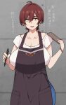  1girl ahoge apron blouse breasts brown_hair cleavage collarbone earrings gridman_universe highres jewelry large_breasts looking_at_viewer mature_female open_mouth otogi_tetsurou pants pen short_hair short_sleeves solo ssss.gridman takarada_rikka&#039;s_mother 