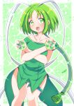  1girl :d absurdres border commentary crossed_wrists dress green_background green_eyes green_hair green_leotard heart highres holding leotard long_hair looking_at_viewer magical_girl mew_lettuce midorikawa_lettuce namatyoco off-shoulder_dress off_shoulder open_mouth outside_border short_dress short_hair smile solo sparkle standing thigh_strap tokyo_mew_mew twitter_username white_border 