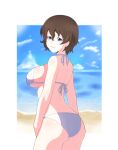  1girl absurdres akaboshi_koume ass back beach bikini blue_eyes blue_sky blurry blurry_background breasts brown_hair cloud cloudy_sky commentary cowboy_shot day from_behind girls_und_panzer halterneck highres horizon iteza_(flapper_girl_25) looking_at_viewer looking_back medium_breasts ocean outdoors outside_border parted_lips short_hair sideboob sky smile solo standing swimsuit wavy_hair white_bikini 