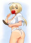  1girl ass blonde_hair blush breasts candy_apple chocolate_banana cleavage eating food fundoshi green_eyes hanna_rudel japanese_clothes kunashiri_(etorofu) large_breasts long_hair looking_at_viewer no_bra ponytail scar shiny shiny_hair shiny_skin simple_background solo standing strike_witches sweat world_witches_series 