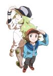  2boys bangle bangs baseball_cap belt_buckle black_headwear black_shirt blue_jacket bracelet brown_eyes brown_hair brown_pants buckle closed_mouth collared_shirt cube green_hair grey_eyes grey_pants hair_between_eyes hand_in_pocket hand_on_headwear hat highres hilbert_(pokemon) hungry_seishin jacket jewelry long_hair long_sleeves male_focus multiple_boys n_(pokemon) pants pokemon pokemon_(game) pokemon_bw red_footwear red_headwear shirt shoes short_hair simple_background smile standing white_background white_shirt 