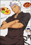  2boys akujiki59 apron archer_(fate) artist_name blue_hair brown_apron closed_mouth commentary_request crossed_arms cu_chulainn_(fate) cu_chulainn_(fate/stay_night) fate_(series) floating_hair food fork grey_background grey_eyes holding holding_fork long_hair male_focus multiple_boys notice_lines outline pants ponytail shirt short_sleeves smile spiked_hair white_hair white_shirt 