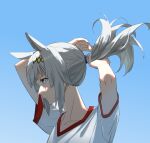  1girl absurdres animal_ears arms_up aying-h blue_eyes closed_mouth collarbone commentary gradient gradient_background grey_hair gym_uniform hair_ornament highres horse_ears oguri_cap_(umamusume) ponytail profile solo tokyo_bay_seal umamusume upper_body 