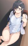  1girl alp asymmetrical_bangs asymmetrical_hair bangs barefoot black_hair blush braid breasts cleavage collarbone competition_swimsuit glasses grey-framed_eyewear grey_eyes groin long_hair looking_at_viewer love_live! love_live!_nijigasaki_high_school_idol_club medium_breasts nakagawa_nana one-piece_swimsuit open_clothes open_shirt shirt short_sleeves simple_background sitting smile solo swimsuit thick_thighs thighs twin_braids white_shirt yuuki_setsuna_(love_live!) 