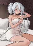  1girl bed breasts commentary dark-skinned_female dark_skin kantai_collection large_breasts looking_at_viewer musashi_(kancolle) naked_towel no_eyewear pillow red_eyes silver_hair sitting solo towel two_side_up unfinished wet white_towel yokozuwari yunamaro 