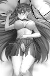  1girl bra breasts cameltoe choker closed_eyes greyscale hair_ribbon hair_spread_out hand_on_own_stomach highres lace-trimmed_bra lace_trim large_breasts long_hair lying miniskirt monochrome novel_illustration official_art on_back original panties parted_lips pleated_skirt ribbon shouu-kun skirt sleeping solo thigh_gap thighs torn_clothes torn_skirt two_side_up underwear very_long_hair 