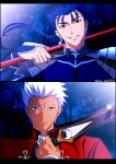  2boys akujiki59 archer_(fate) armor artist_name bangs blue_hair brown_eyes commentary_request cu_chulainn_(fate) cu_chulainn_(fate/stay_night) earrings fate_(series) floating_hair glint hand_up holding jewelry long_hair looking_at_viewer male_focus multiple_boys official_style parted_lips ponytail red_eyes short_hair shoulder_plates smile smirk spiked_hair upper_body white_hair 