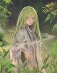  1boy abstract_background androgynous bangs closed_mouth enkidu_(fate) fate/grand_order fate/strange_fake fate_(series) green_eyes green_hair hair_between_eyes highres long_hair looking_at_viewer male_focus otoko_no_ko outdoors plant robe rsef sidelocks solo standing very_long_hair white_robe wide_sleeves 