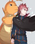  1boy black_cape cape claws clenched_hand closed_mouth commentary_request dragonite floating_cape gen_1_pokemon grey_asa grey_background grey_eyes highres imitating jacket lance_(pokemon) looking_to_the_side male_focus pants pink_hair pokemon pokemon_(creature) pokemon_(game) pokemon_hgss popped_collar short_hair simple_background spiked_hair 