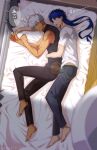  2boys akujiki59 archer_(fate) bangs bare_arms barefoot blue_hair blurry closed_eyes commentary_request cu_chulainn_(fate) cu_chulainn_(fate/stay_night) fate_(series) from_above grey_pants indoors lens_flare long_hair lying male_focus multiple_boys on_bed on_side pants shirt short_sleeves sleeping sleeveless sleeveless_shirt spiked_hair thought_bubble white_hair white_shirt yaoi 